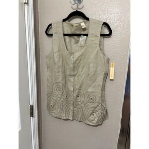 e-col-o-gie womens size Large 100% Linen Button Beige Vest Sleeveless top blouse